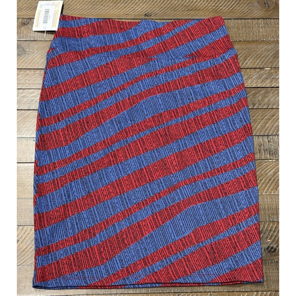 LuLaRoe Cassie Blue/Red Striped Pencil Pull On Straight Skirt - Size L - Picture 1 of 6